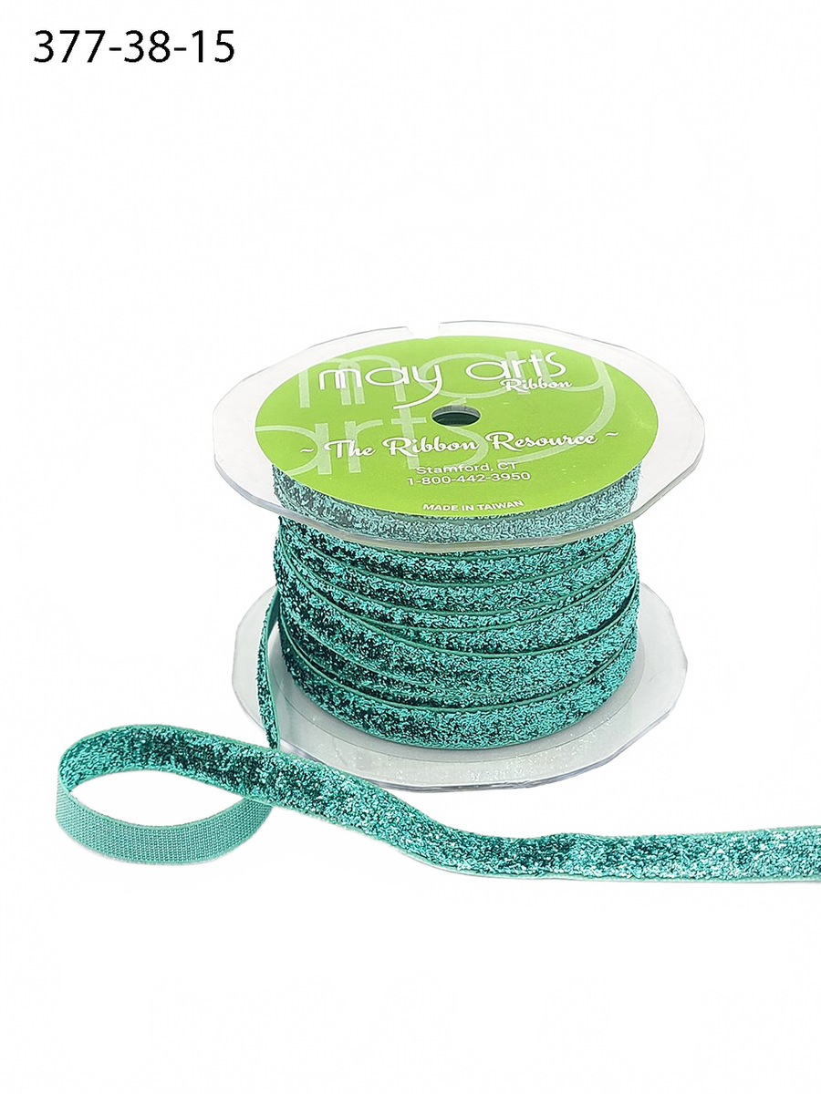 3/8 Inch Woven Metallic Teal Velvet Ribbon With Woven Edge