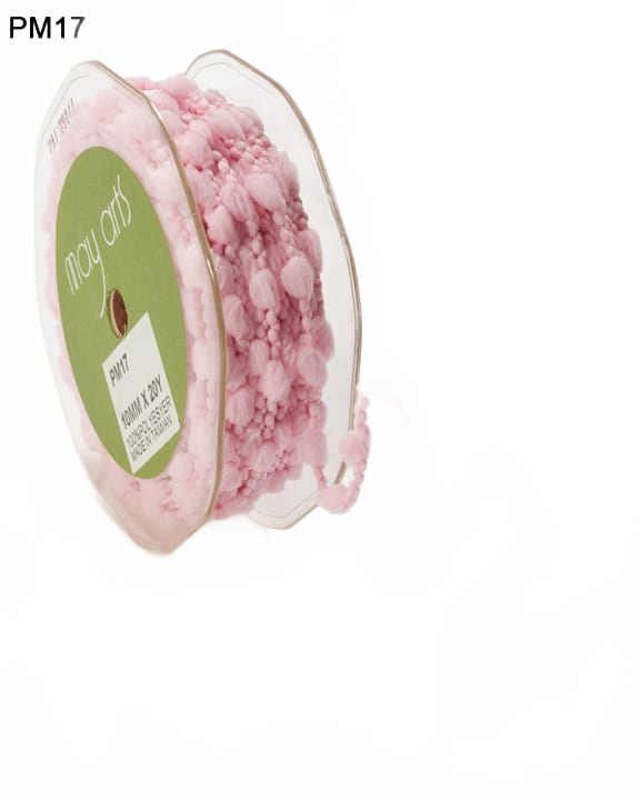 3/8 Inch Medium Pom Pom Wired String Cord Pink Ribbon