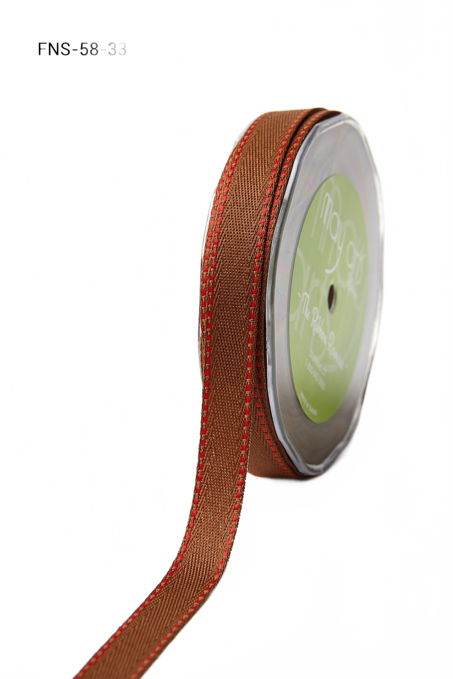 5/8 Inch Light Weight Brown W/Red Stitch Twill Ribbon With Red Stitched Woven Edge