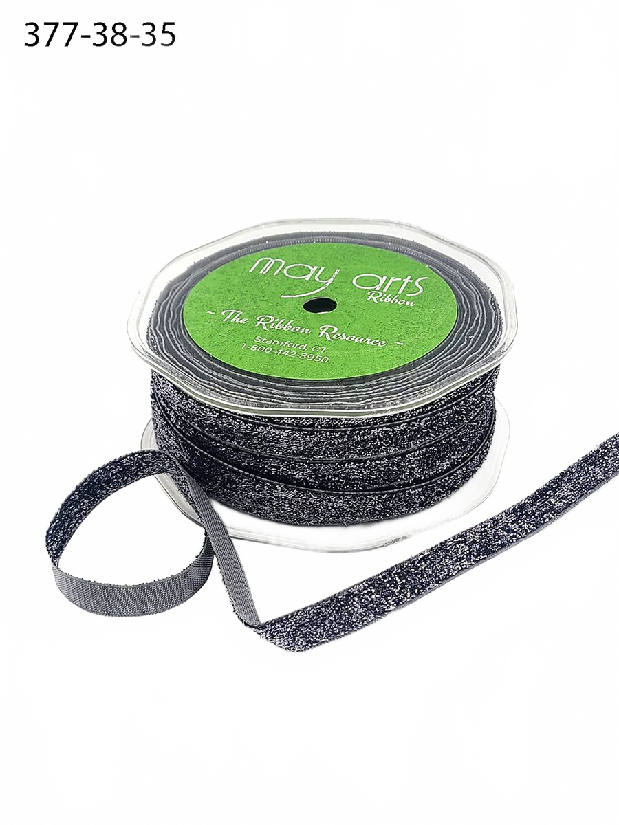 3/8 Inch Woven Metallic Dark Silver Velvet Ribbon With Woven Edge