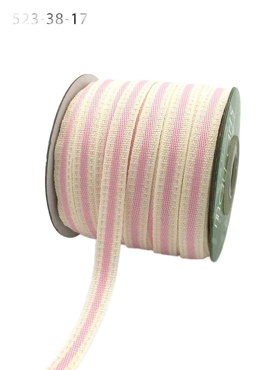 3/8 Inch Solid Color Band Ivory/Pink Ribbon With Natural Woven Stitched Edge