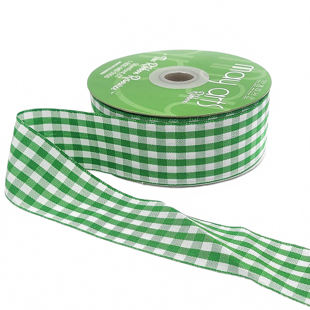 1.5 Inch Checkered Gingham Green Ribbon With Woven Edge