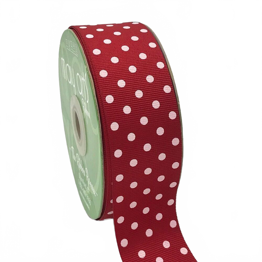 1.5 Inch Red/White Dots Grosgrain Printed Dots Ribbon With Woven Edge