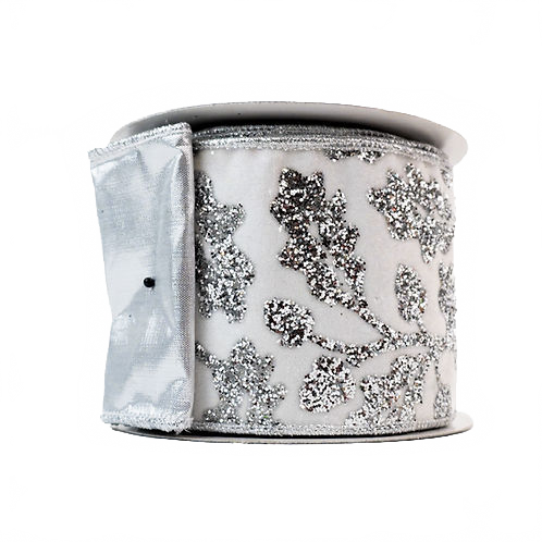 Ribbon 4" Velvet Holly White And Silver