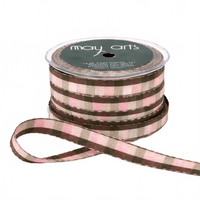 1/2 Inch Multi-Color Checkered Green/Ivory/Pink Ribbon With Woven Stitched Edge