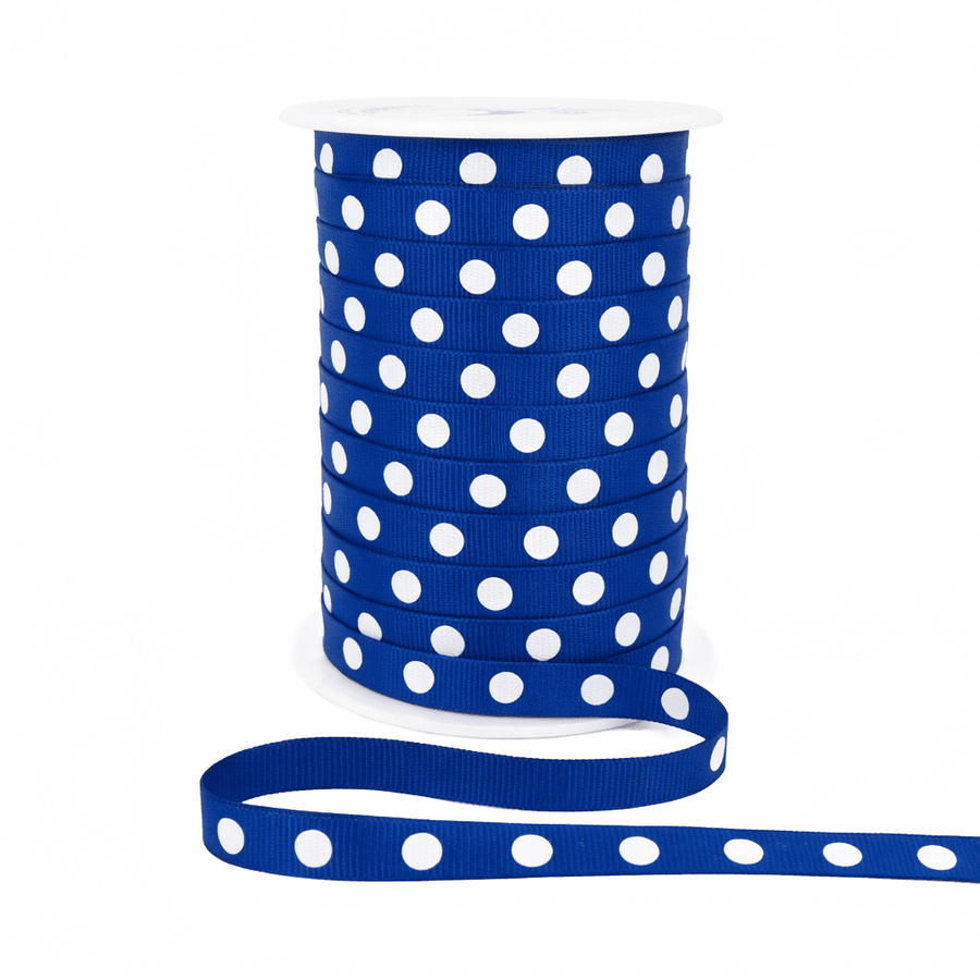 3/8 Inch Royal Blue Grosgrain White Center Dot Ribbon With Woven Edge