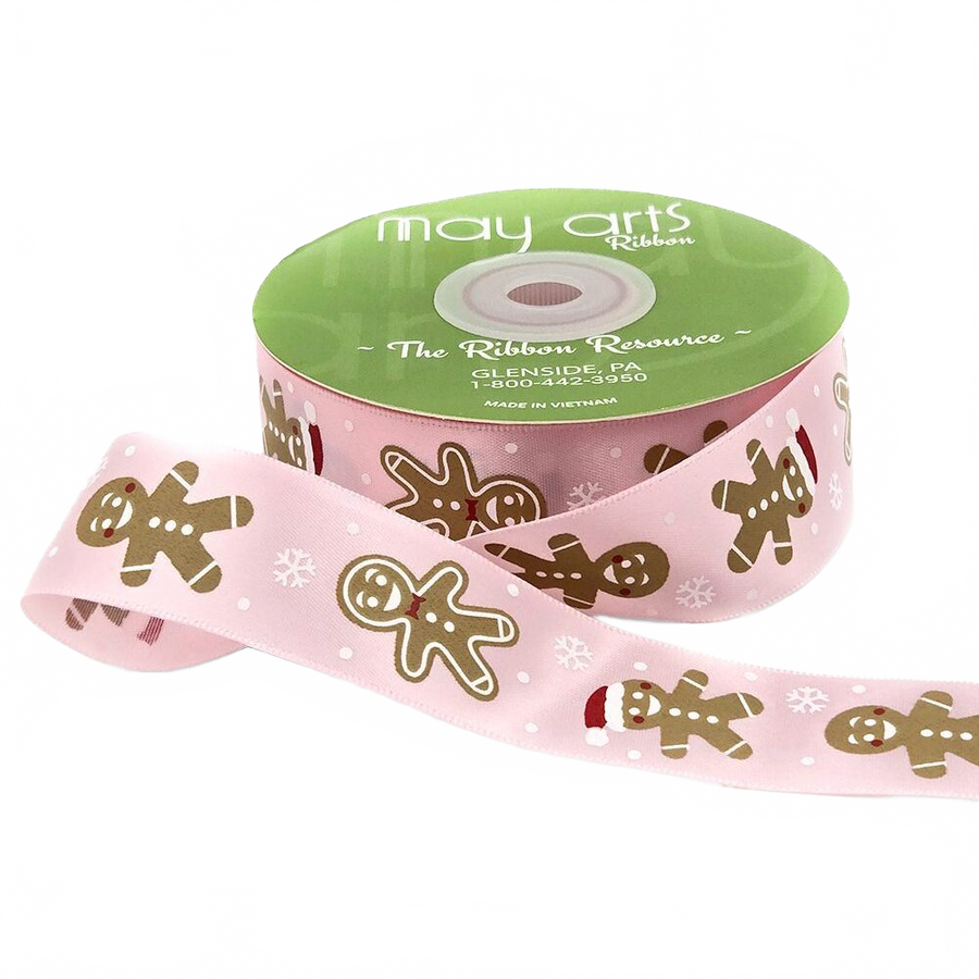 1 Inch Pink Satin Gingerbread Man Print Ribbon