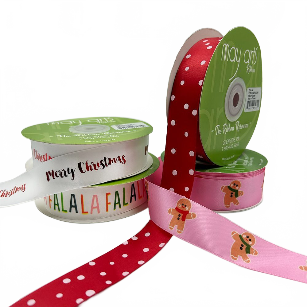 ~1 Inch Satin Holiday Print Ribbon With Woven Edge