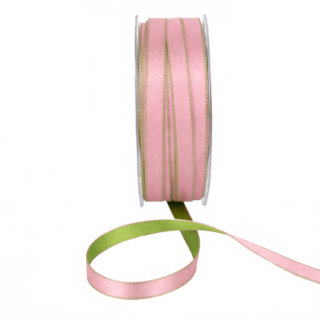 3/8 Inch Two-Color Reversible Pink/Parrot Green Satin With Woven Stitched Edge
