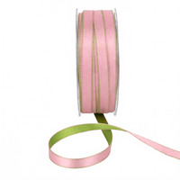 3/8 Inch Two-Color Reversible Pink/Parrot Green Satin With Woven Stitched Edge