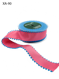 1.5 Inch Pink/Blue Taffeta Ribbon With Pom Pom Wired Edge