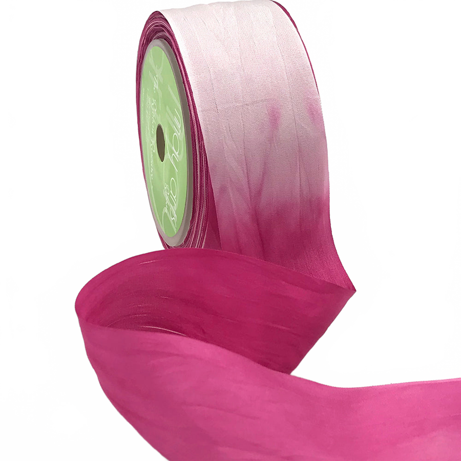1.25 Inch 100% Hand-Dyed Variegated (Multi-Color) Fuchsia/White Silk Ribbon With Woven Edge