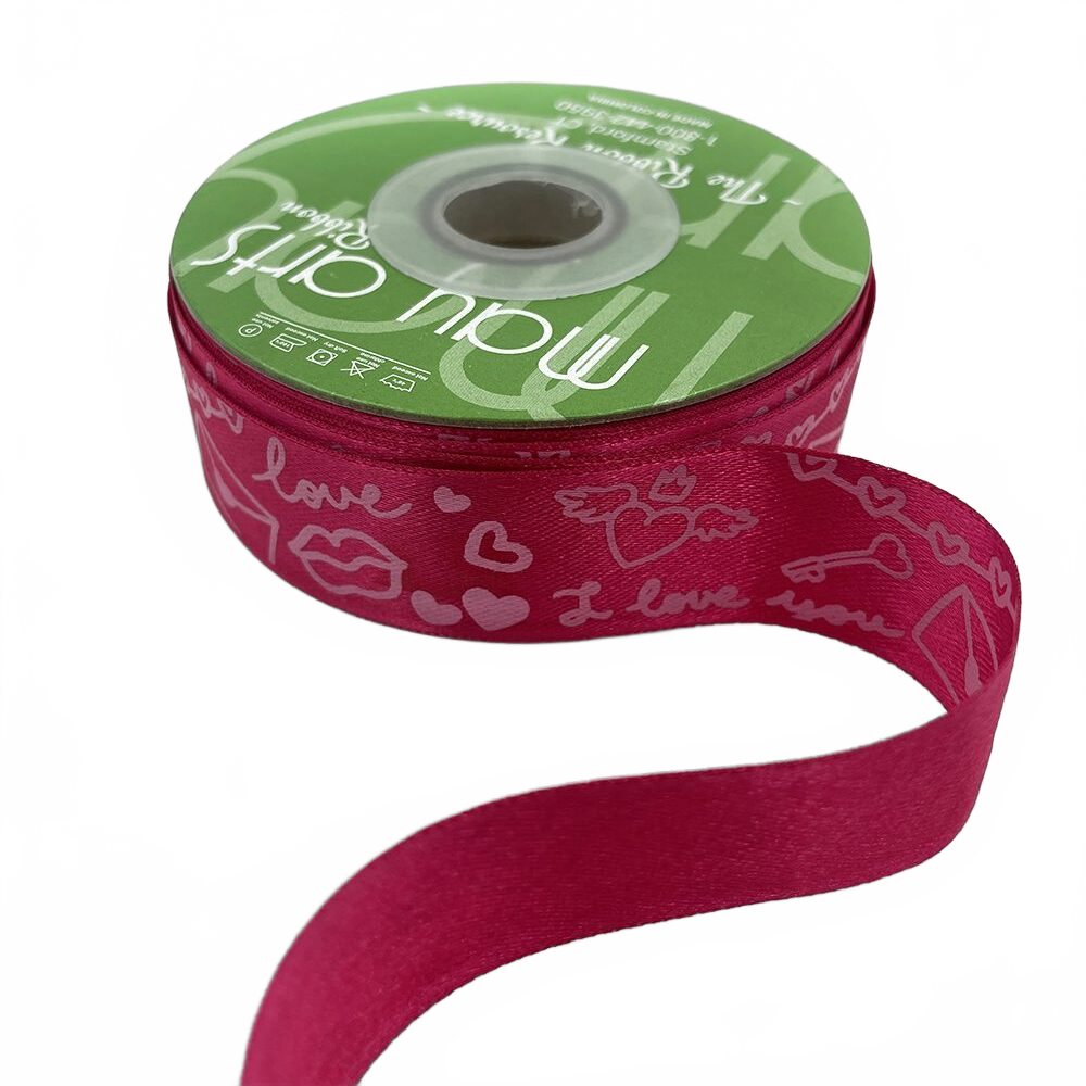 ~1 Inch (24Mm) Fuchsia/Pink Satin Valentine Doodle Print Ribbon With Woven Edge