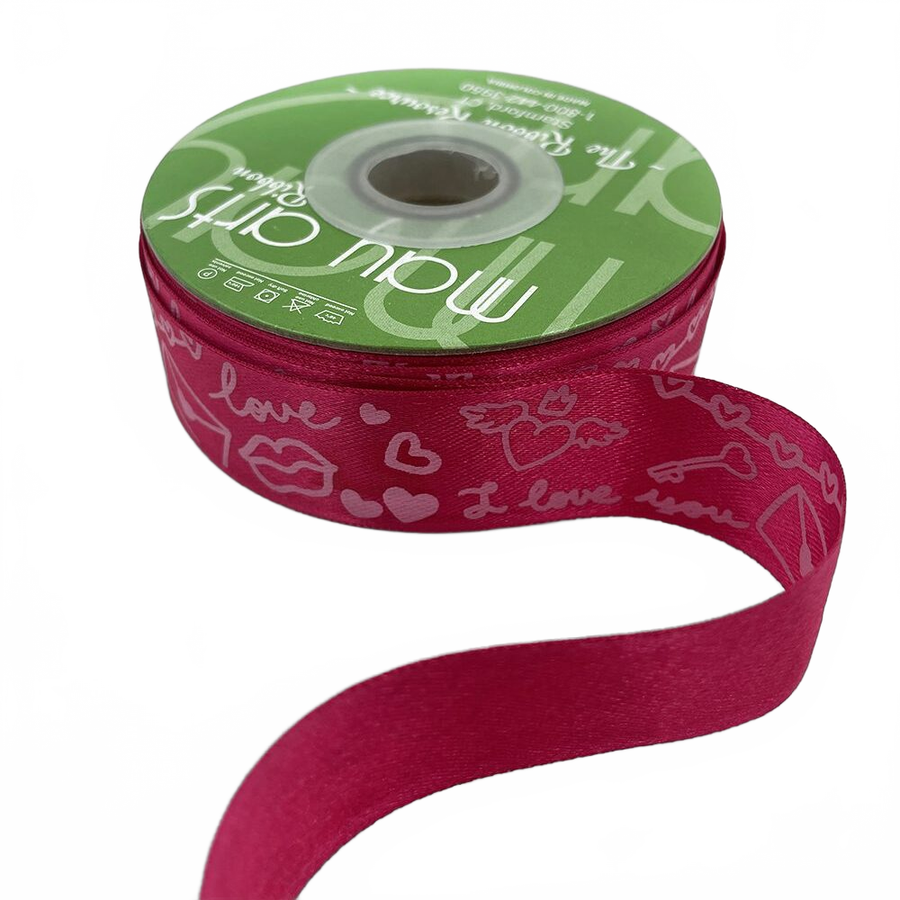 ~1 Inch (24Mm) Fuchsia/Pink Satin Valentine Doodle Print Ribbon With Woven Edge