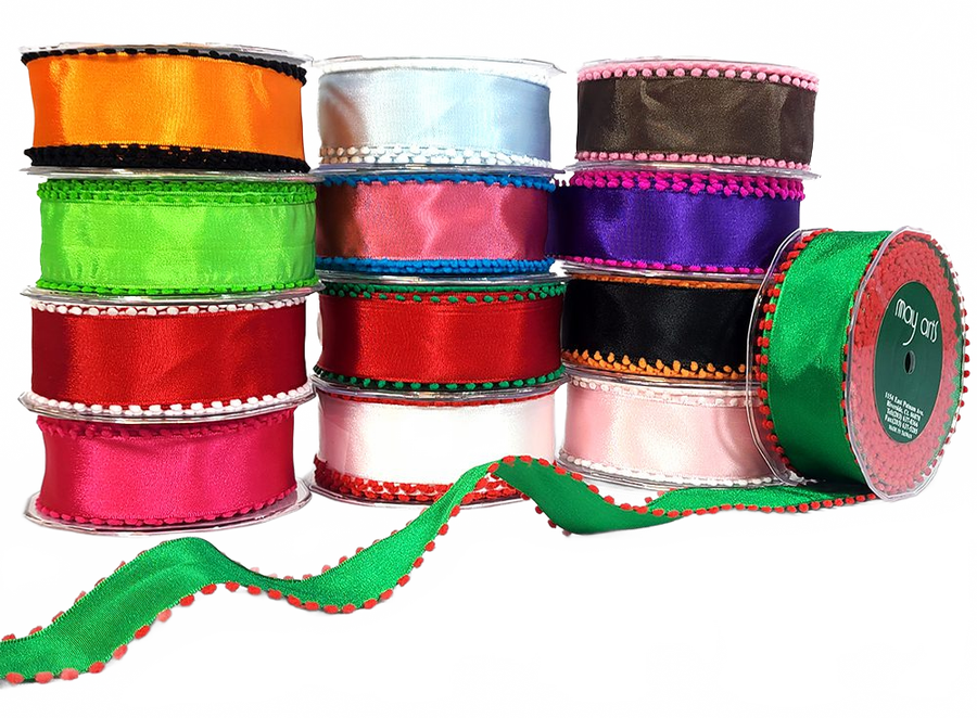 1.5 Inch Taffeta Ribbon With Pom Pom Wired Edge