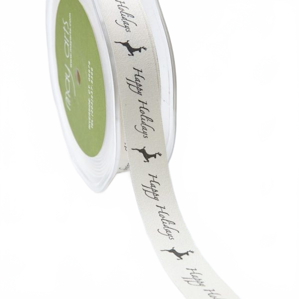 3/4 Inch Ivory Happy Holidays Canvas Printed Ribbon With Woven Edge