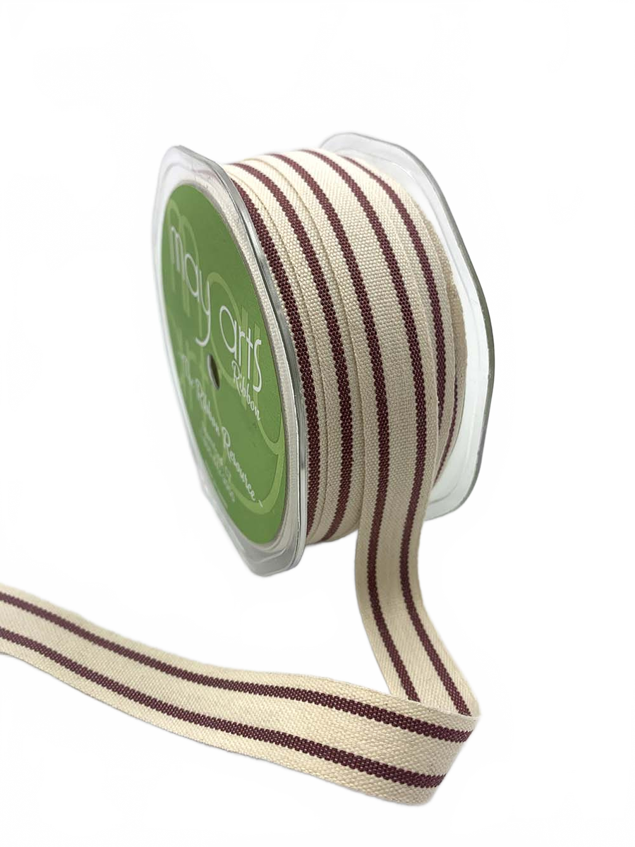 5/8 Inch Burgundy Cotton Blend Double Stripe Ribbon With Woven Edge