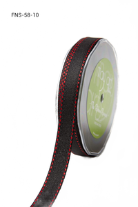 5/8 Inch Light Weight Black W/Red Stitch Twill Ribbon With Red Stitched Woven Edge