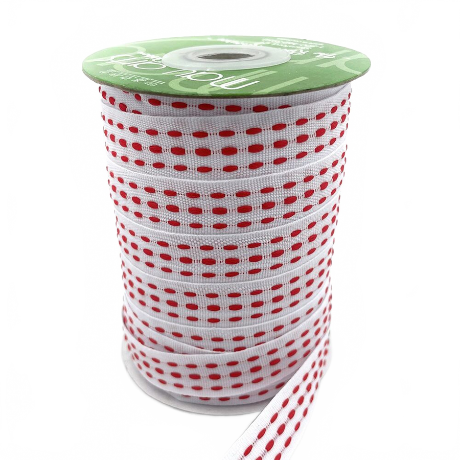 5/8 Inch White/Red Grosgrain Triple Woven Thread With Woven Edge Ribbon