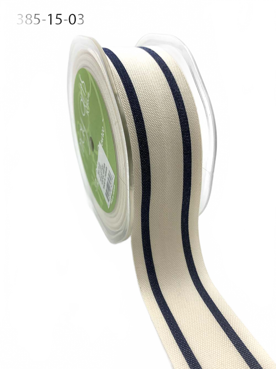 1.5 Inch Navy Cotton Blend Woven Double Stripe Ribbon With Woven Edge