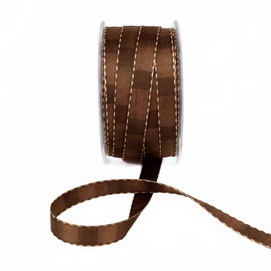 1/2 Inch Multi-Color Checkered Brown/Dark Olive Ribbon With Woven Stitched Edge