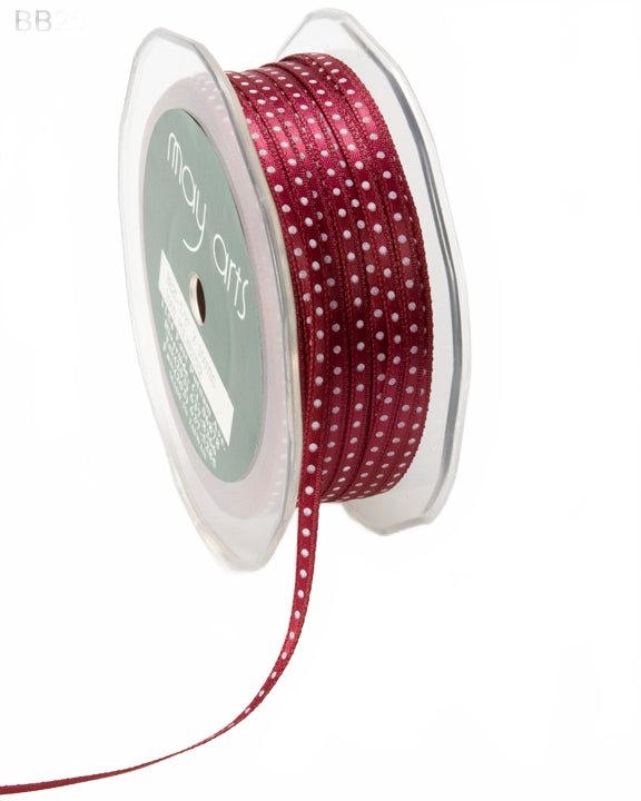1/8 Inch Burgundy Satin Mini Center Dot Ribbon With Woven Edge