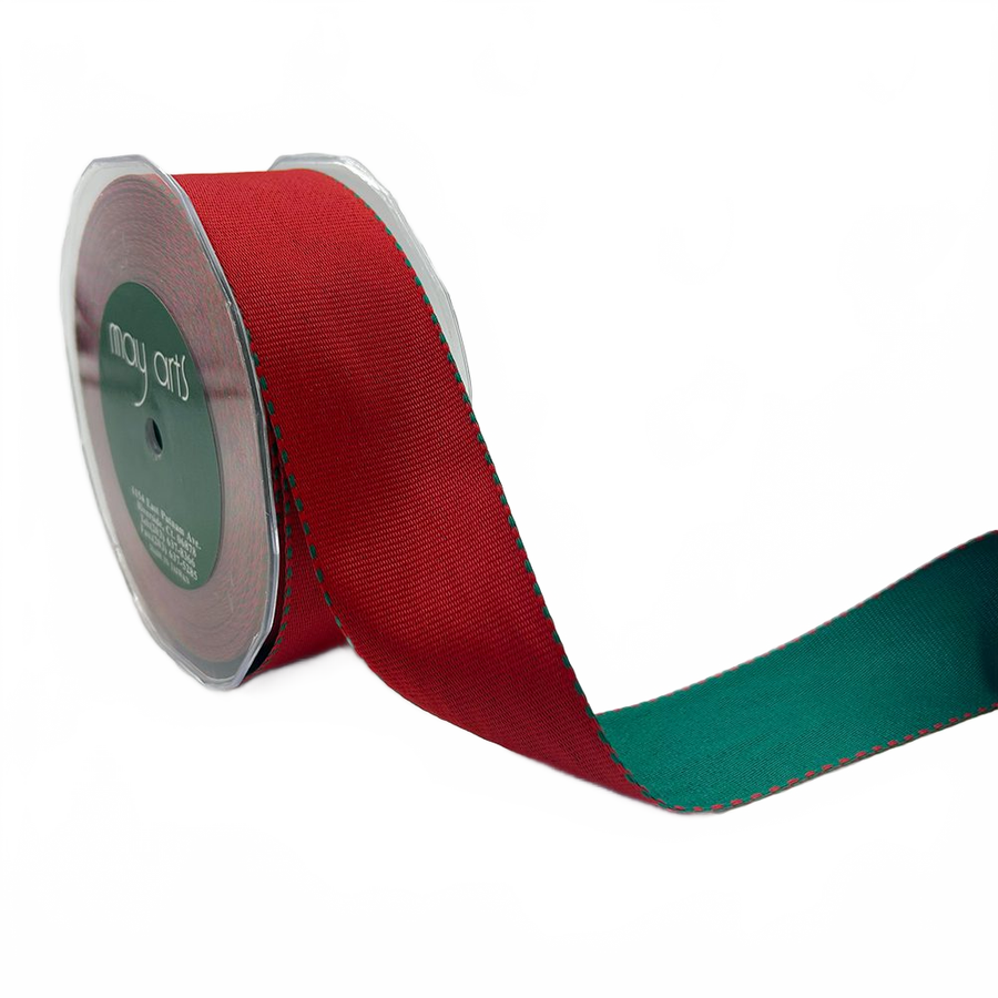 1.5 Inch Heavier-Weight (Higher Thread Count) Two-Color Reversible Red/Green Grosgrain Ribbon With Woven Edge