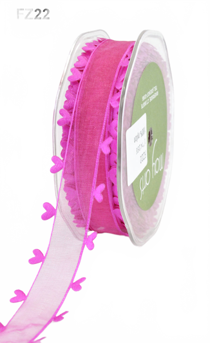 1 Inch Hot Pink Sheer Ribbon With Woven Heart Edge