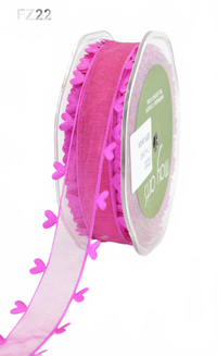1 Inch Hot Pink Sheer Ribbon With Woven Heart Edge