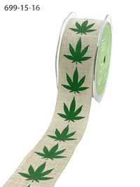 1.5″ Faux Cannabis/Marijuana/Weed Leaf Linen Cannabis Leaf Printed Ribbon With Cut Edge