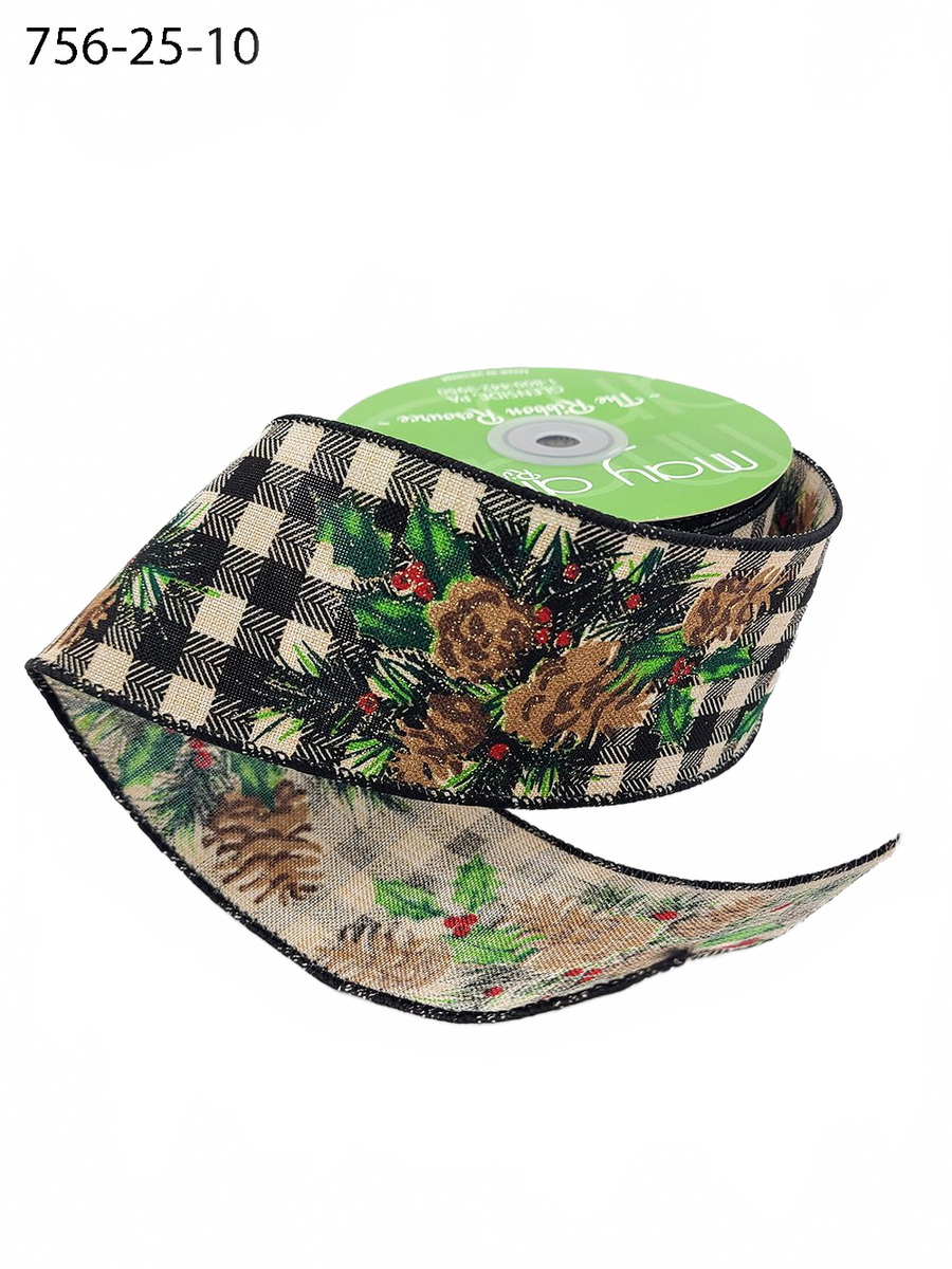 2.5 Inch Christmas Check Pinecone Black/Ivory/Brown/Green Ribbon With Wired Edge