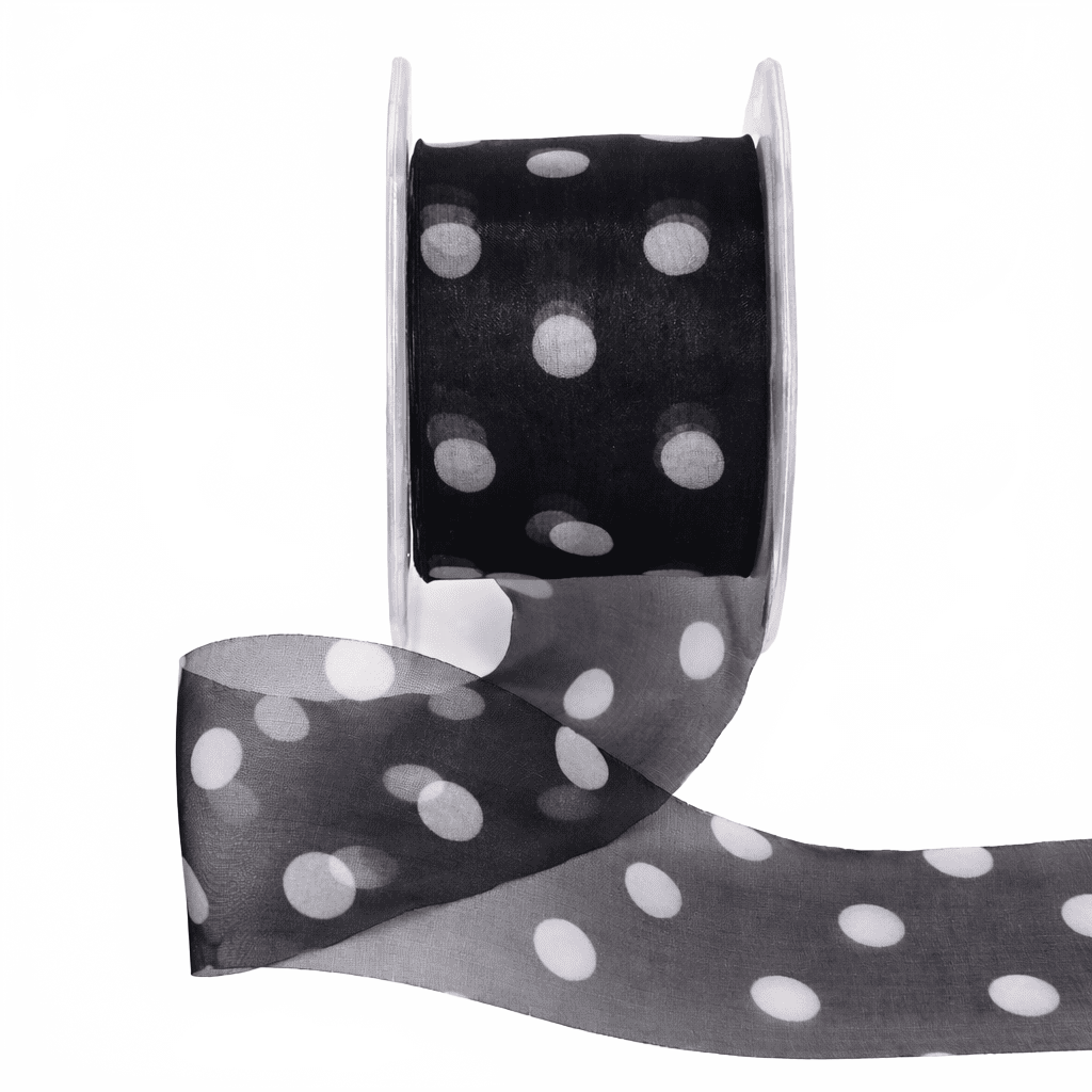 2 Inch Black/White Dots Sheer With Print Ribbon With Cut Edge
