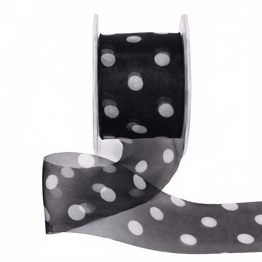 2 Inch Black/White Dots Sheer With Print Ribbon With Cut Edge