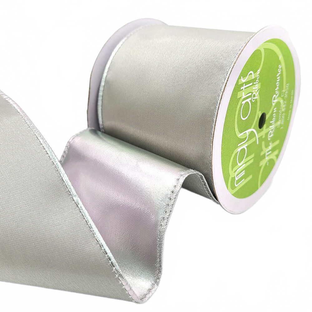 3 Inch Satin Gray/Silver Metallic Reversible Ribbon With Wired Woven Edge