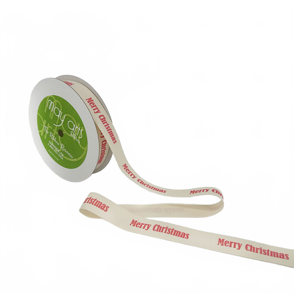 3/4 Inch Ivory Merry Christmas Canvas Printed Ribbon With Woven Edge