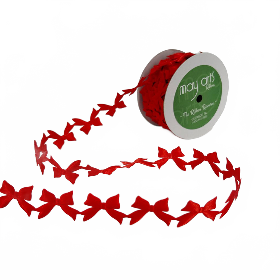 3/4 Inch Original Red Bows Satin Cut Out Banner Ribbon With Cut Sealed Edge