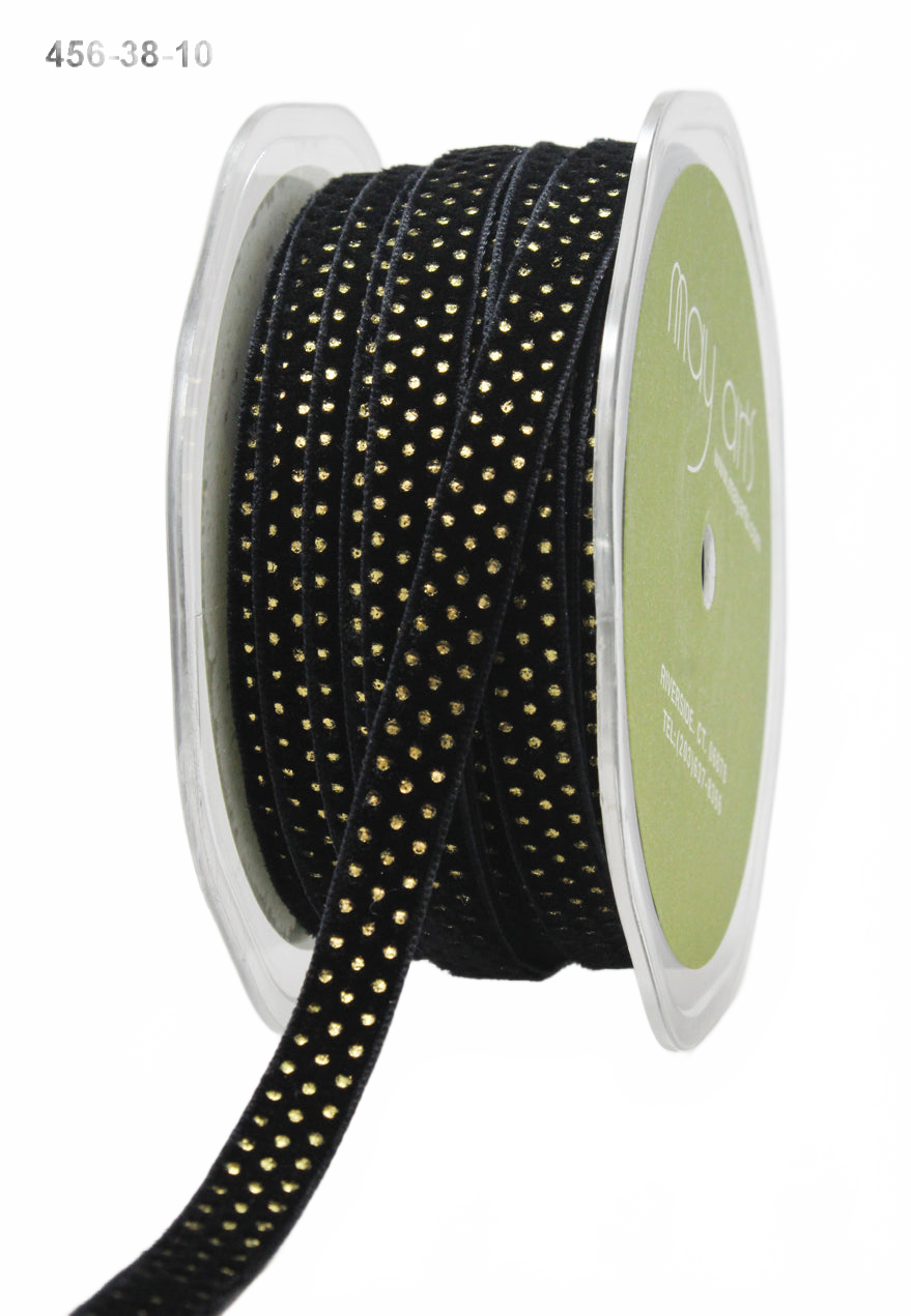 3/8″ Velvet With Black Metallic Gold Mini Dots With Woven Edge