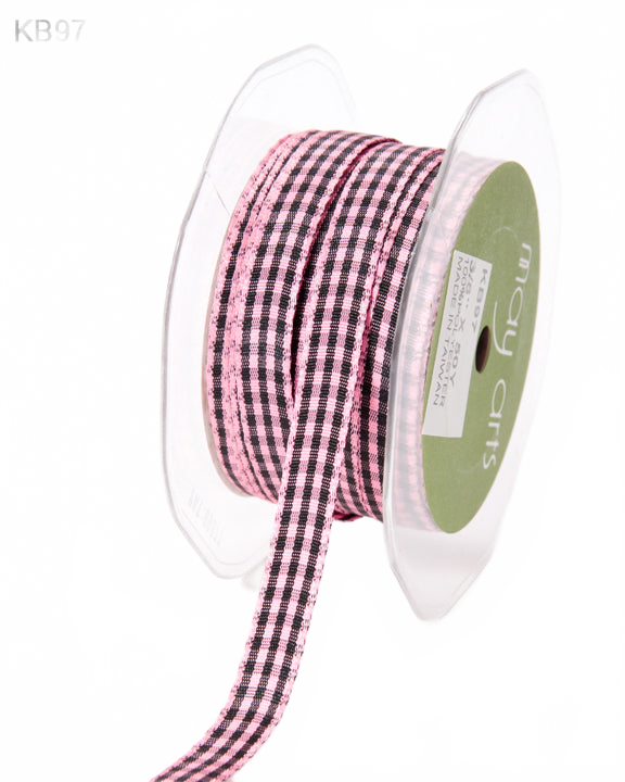 3/8 Inch Checkered Pink/Black Ribbon With Woven Edge