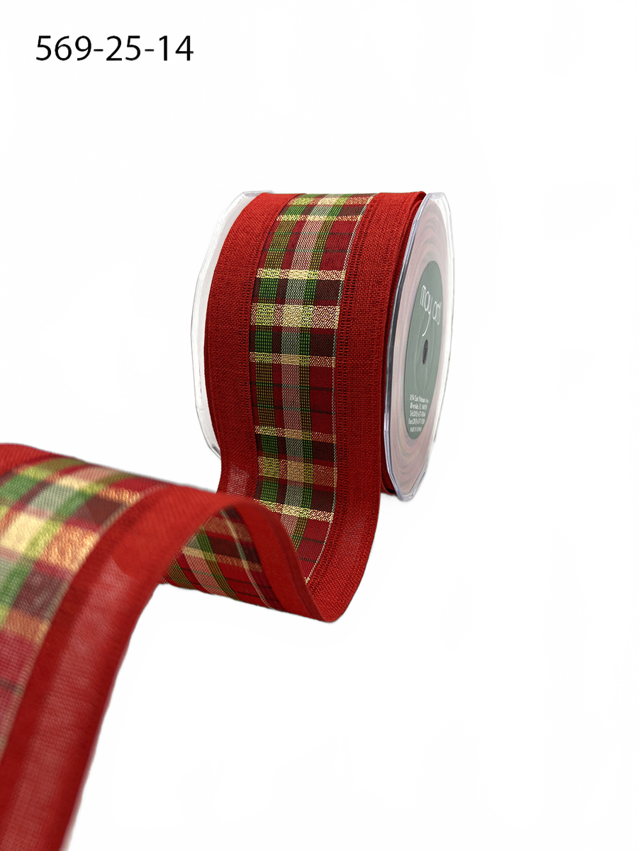 2.5 Inch Red Metallic Tartan Plaid Center Ribbon With Wired Woven Edge