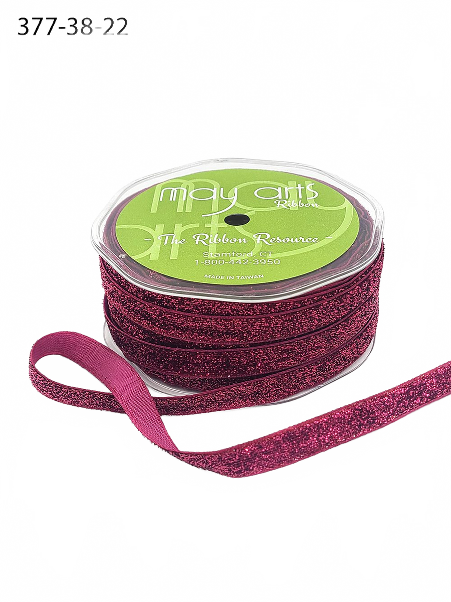 3/8 Inch Woven Metallic Fuchsia Velvet Ribbon With Woven Edge