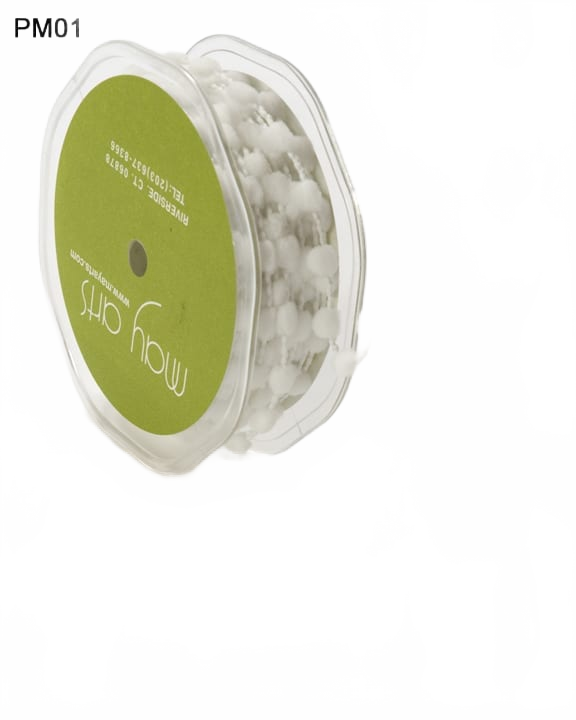 3/8 Inch Medium Pom Pom Wired String Cord White Ribbon