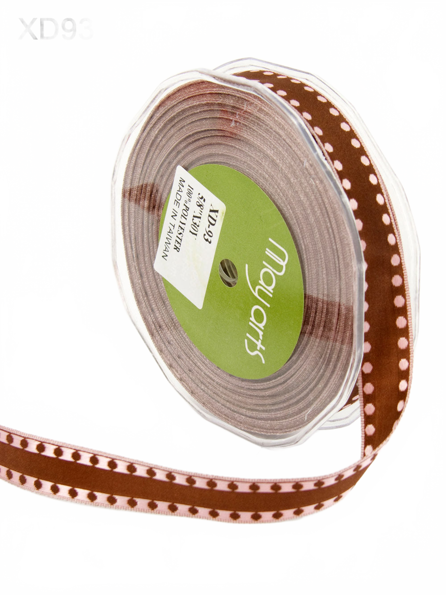 5/8 Inch Woven Solid Dot Edge (Wired) Brown/Pink Dots Ribbon