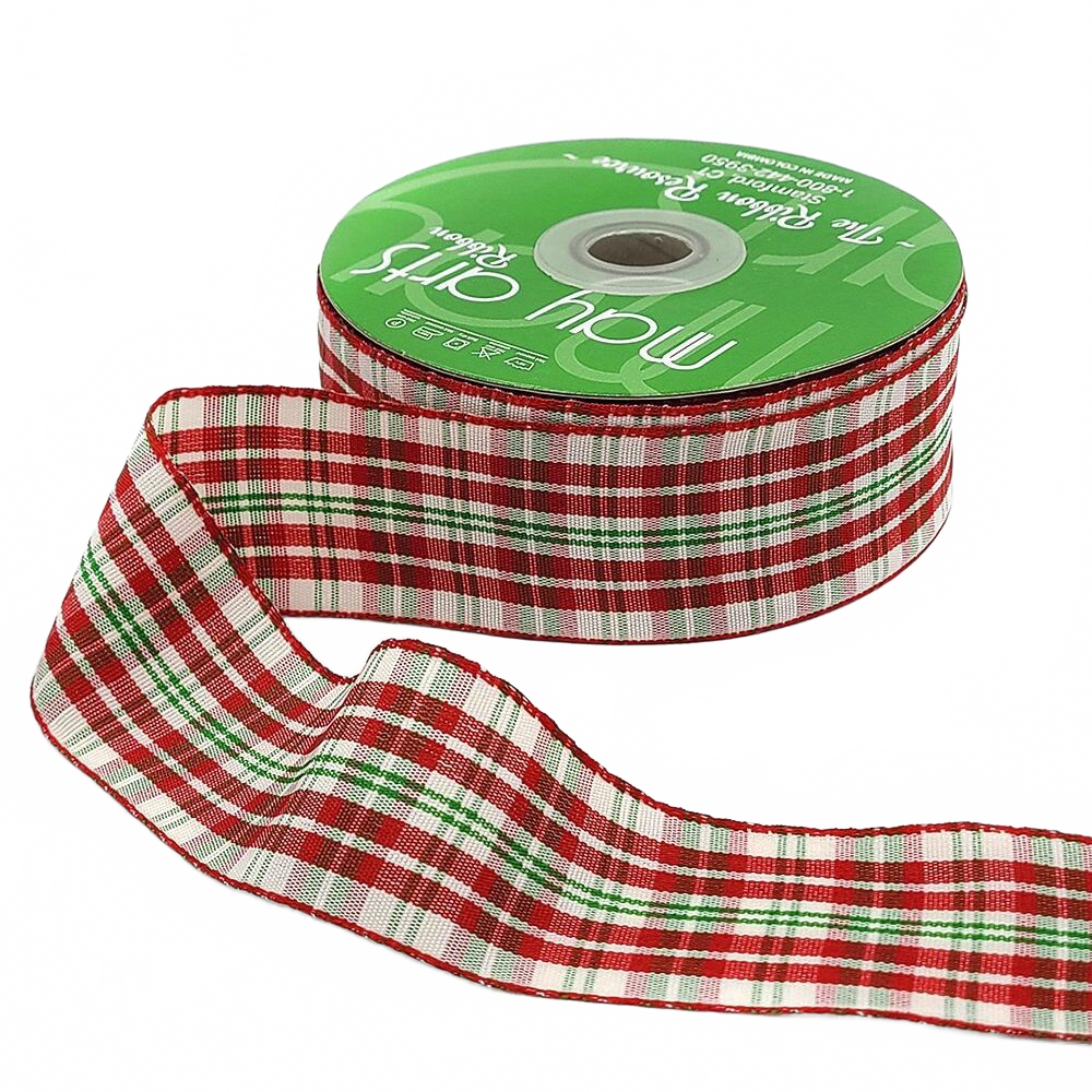 1.5 Inch Checkered Gingham Red/Green/White Ribbon With Woven Edge