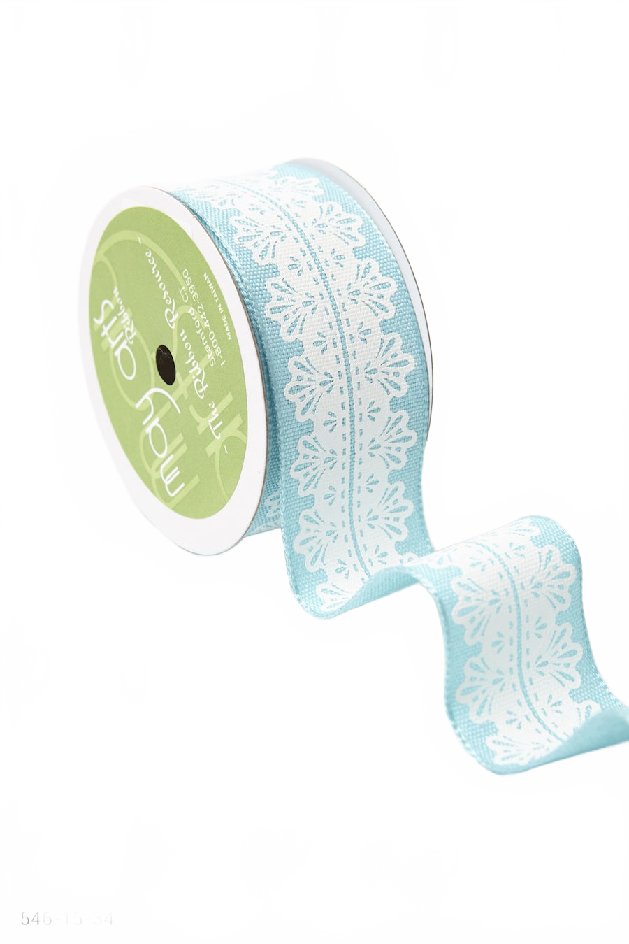 1.5 Inch White Lace Print Blue/White Ribbon With Wired Edge