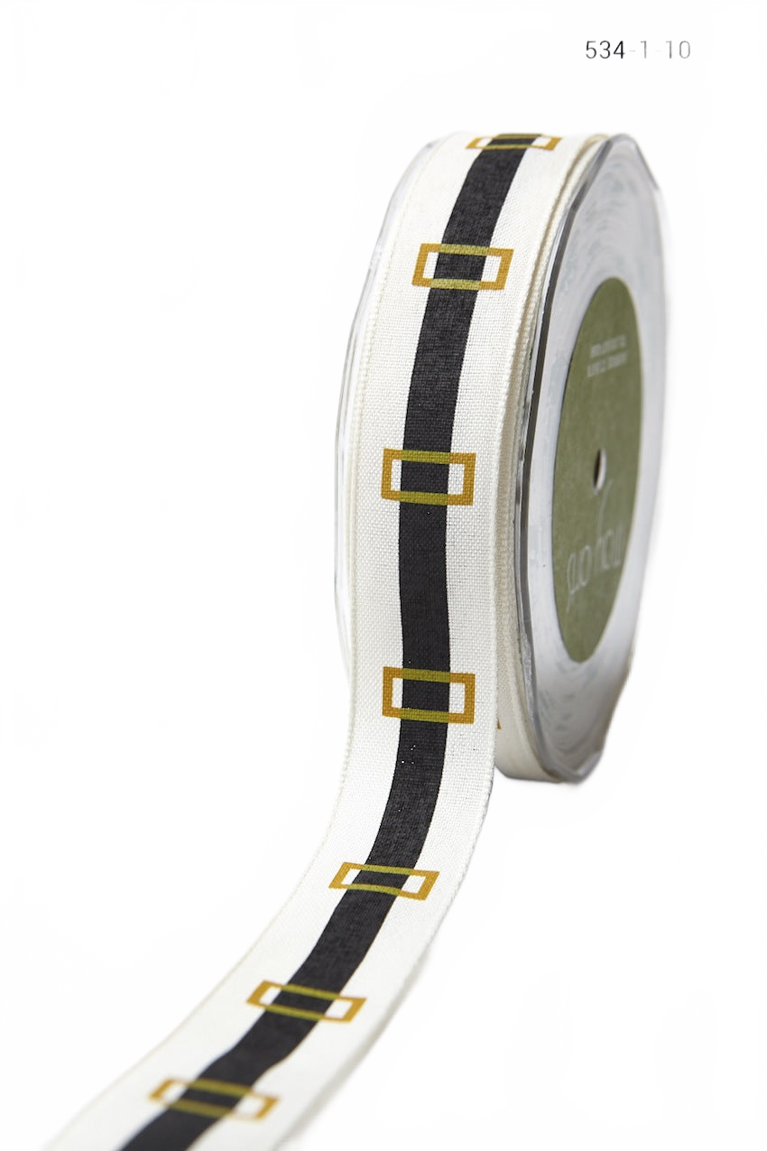 1 Inch Ivory/Black/Gold (Santa Belt) Cotton Holiday Print Ribbon With Woven Edge