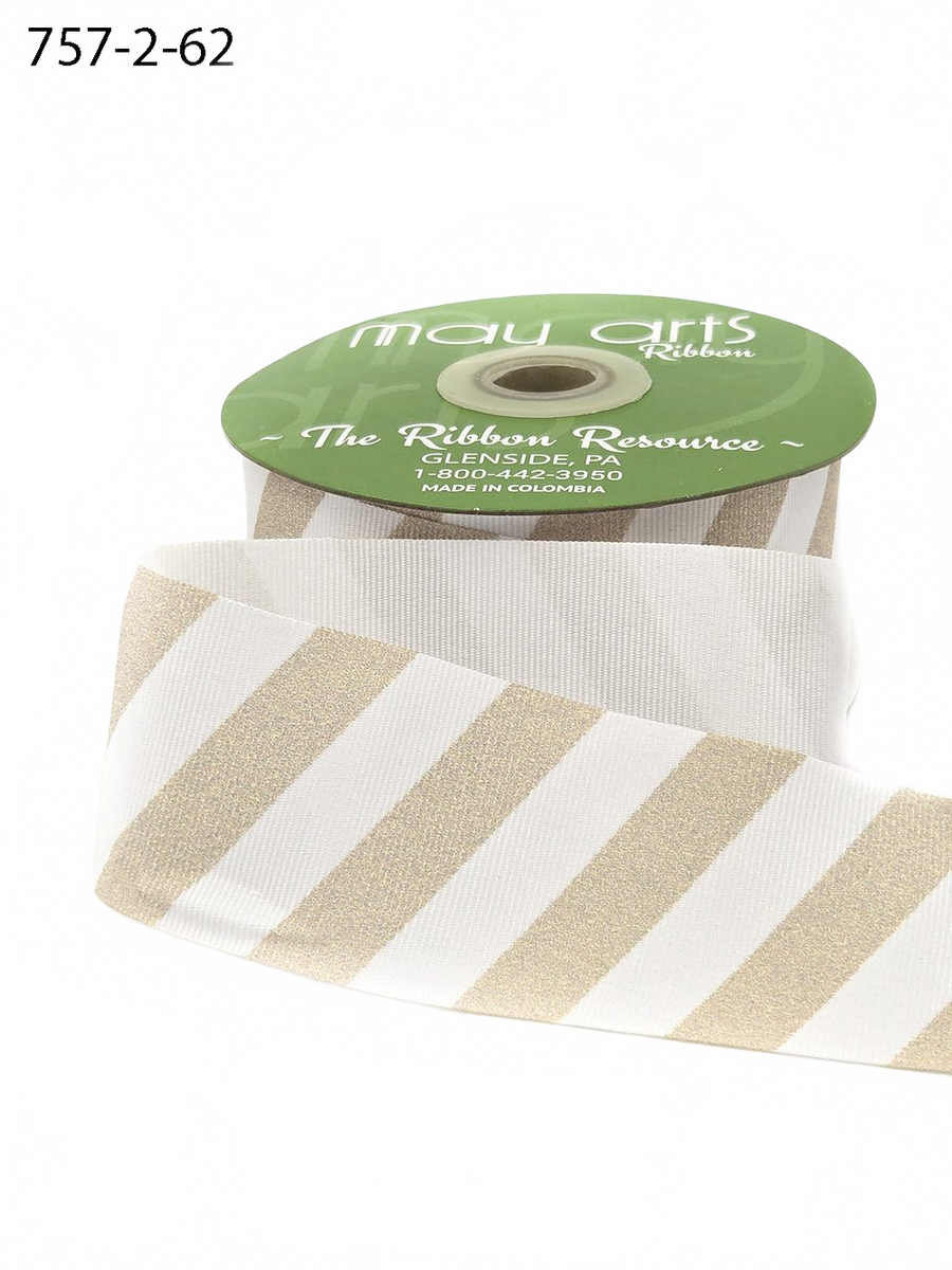 2 Inch Modern Diagonal Striped Nude Champagne/White Grosgrain Ribbon With Woven Edge