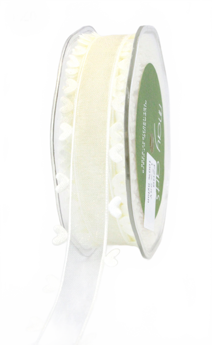 1 Inch Ivory Sheer Ribbon With Woven Heart Edge