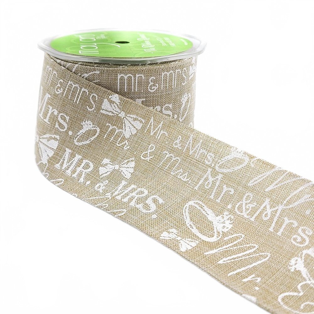 2.5 Inch Mr. & Mrs. Ring Bow Tie White Print Natural Natural/White Ribbon With Wired Edge