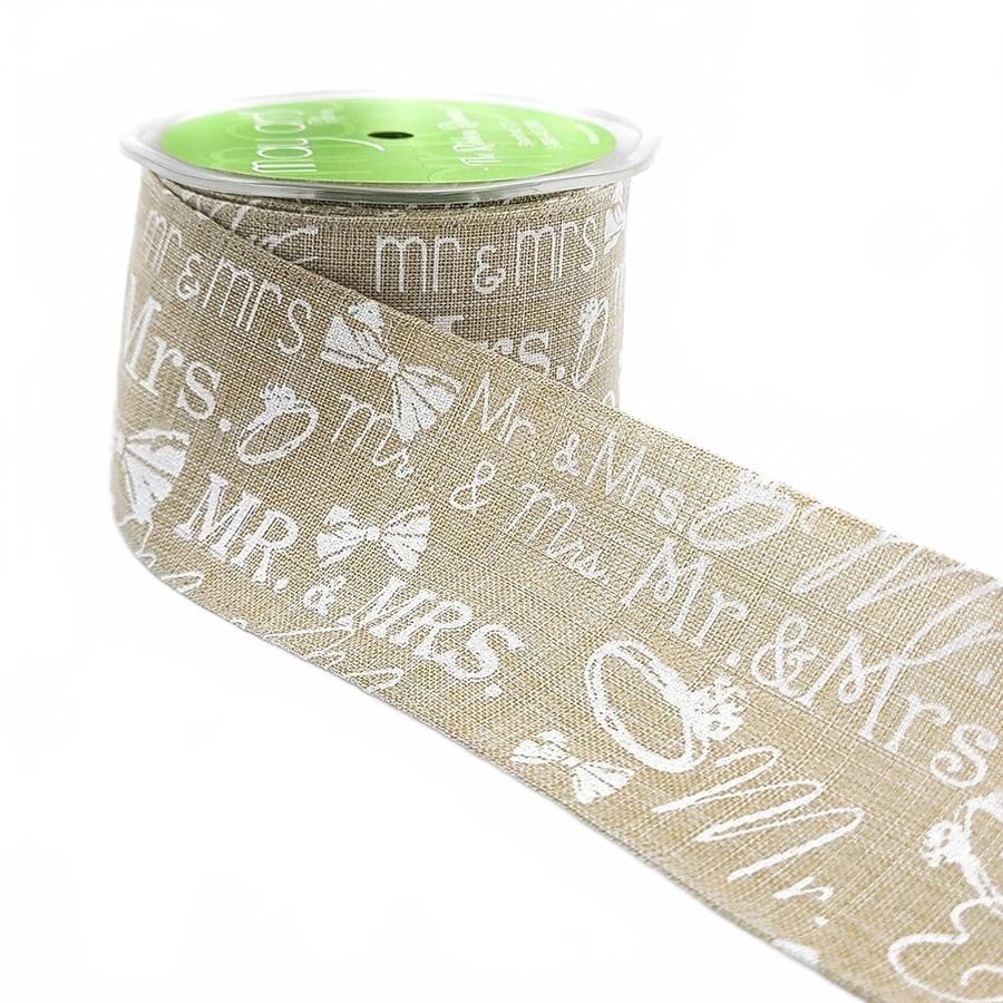 2.5 Inch Mr. & Mrs. Ring Bow Tie White Print Natural Natural/White Ribbon With Wired Edge