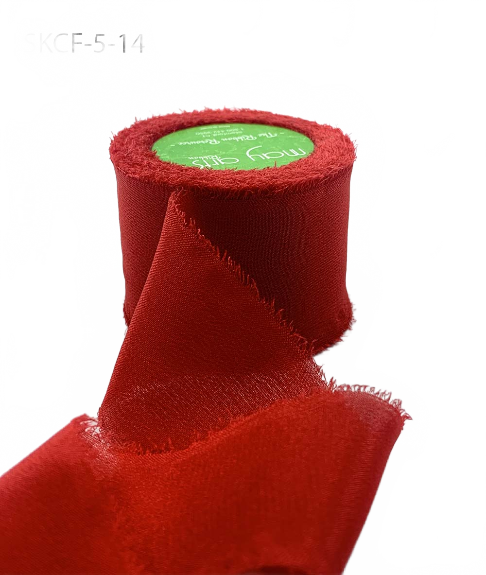 1.25 Inch 100% Silk Red Crepe With Frayed Edge (Non-Dyed And Hand-Dyed)